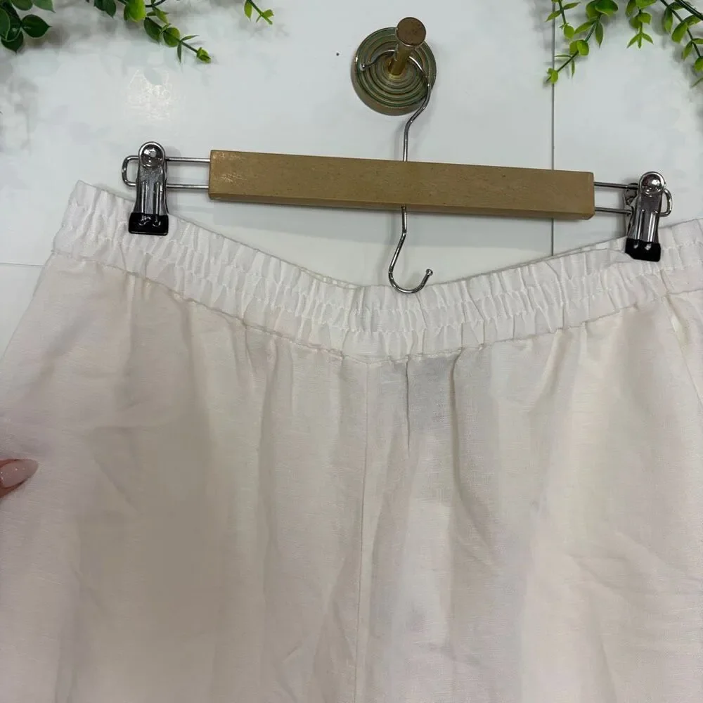 NWT H&M Linen Blend Pants Womens Medium White Elastic Waist Wide Leg Pull On